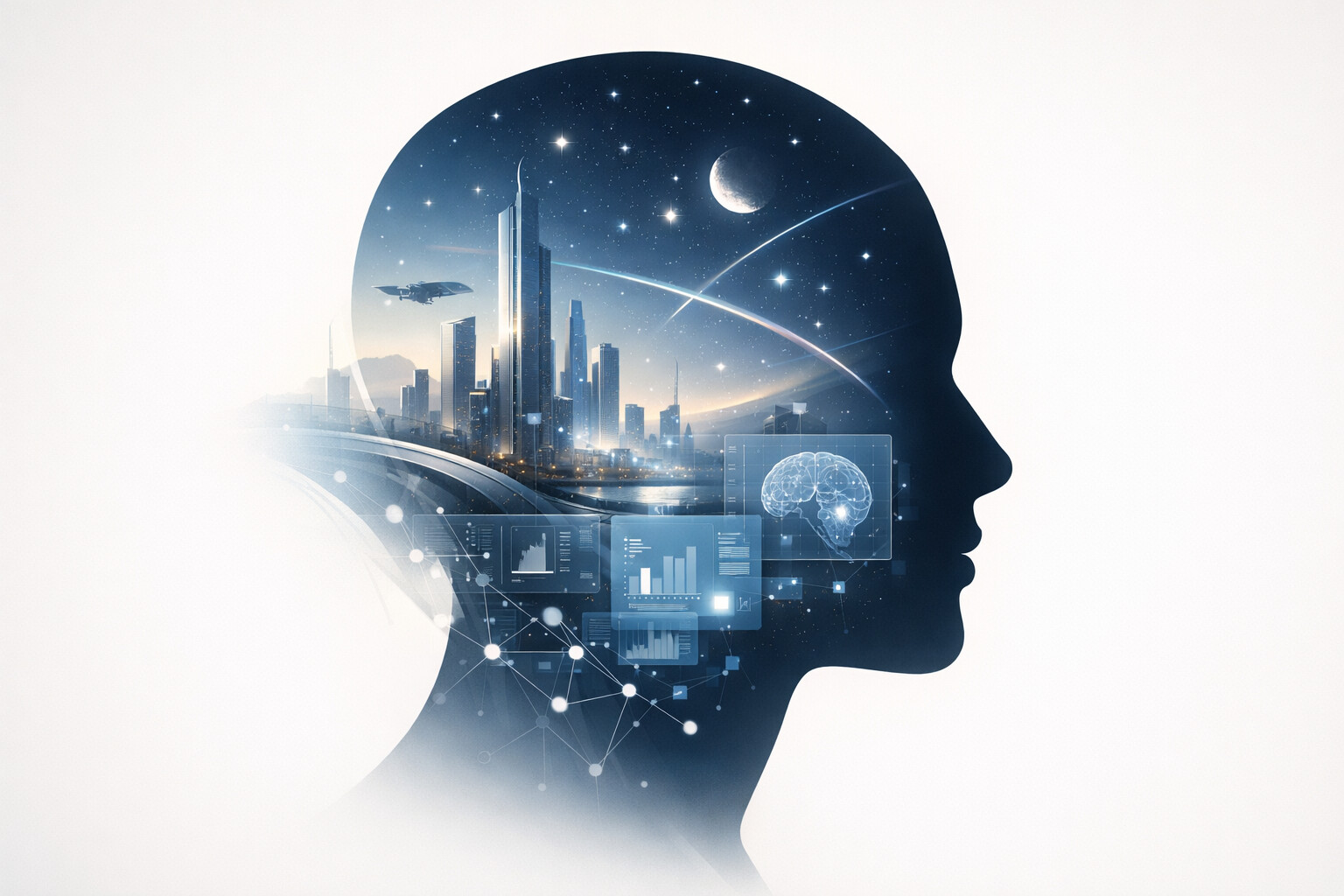 Ilustrasi kepala siluet berisi kolase kota futuristik dan bintang, melambangkan fiksi ilmiah modern yang dekat dengan manusia.
