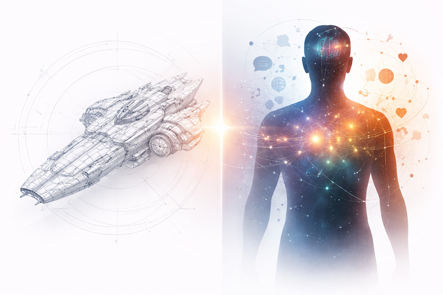 Ilustrasi dua panel yang melambangkan sains teknis dan fokus manusia dalam perdebatan hard sci-fi pada Dune.