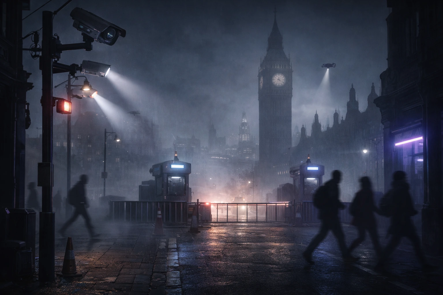 Ilustrasi jalanan London distopia dengan kamera CCTV dan pos pemeriksaan, melambangkan dunia The Bone Season.
