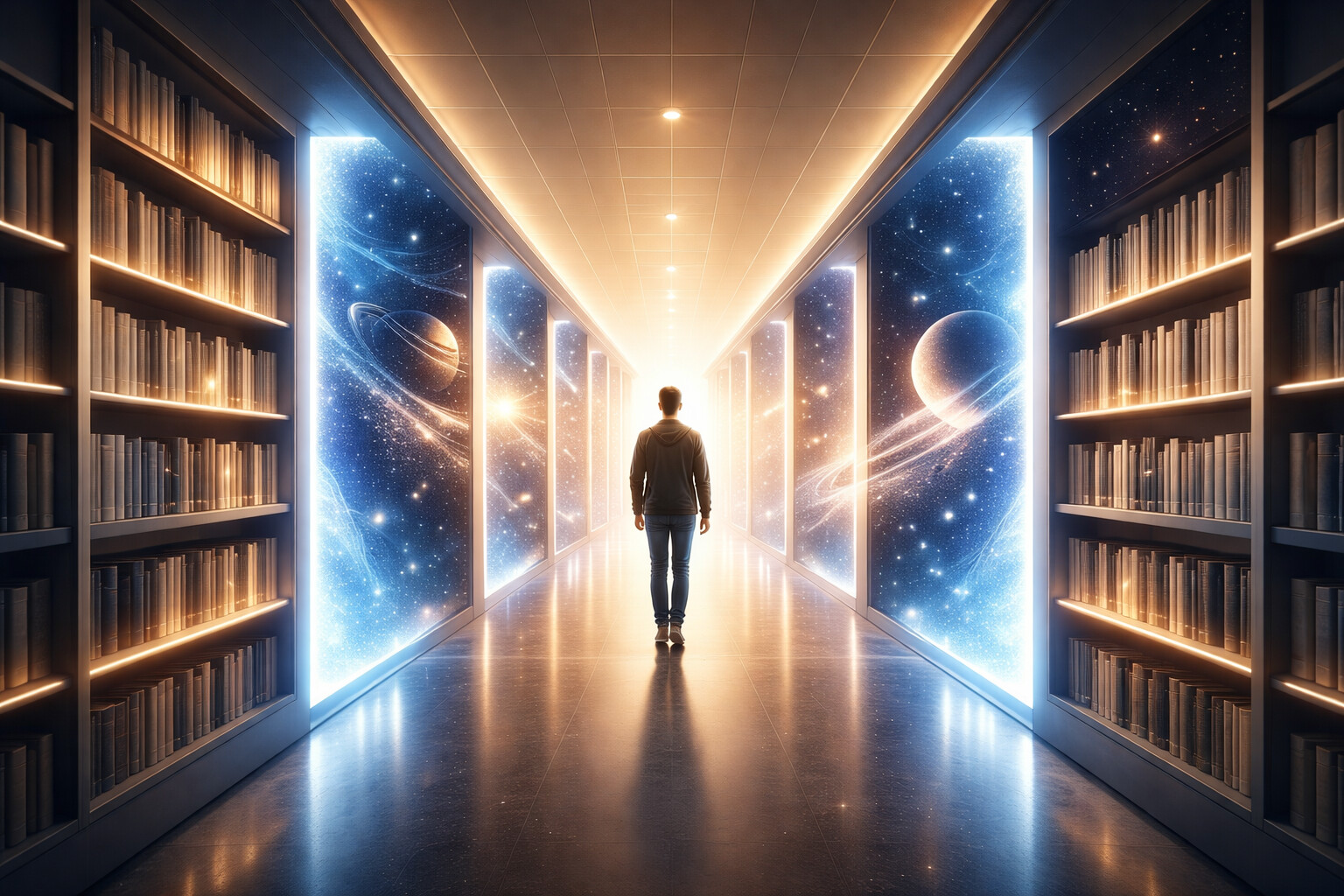 Ilustrasi perpustakaan futuristik yang berubah jadi portal ke bintang, menggambarkan petualangan rasa ingin tahu dalam sci-fi.