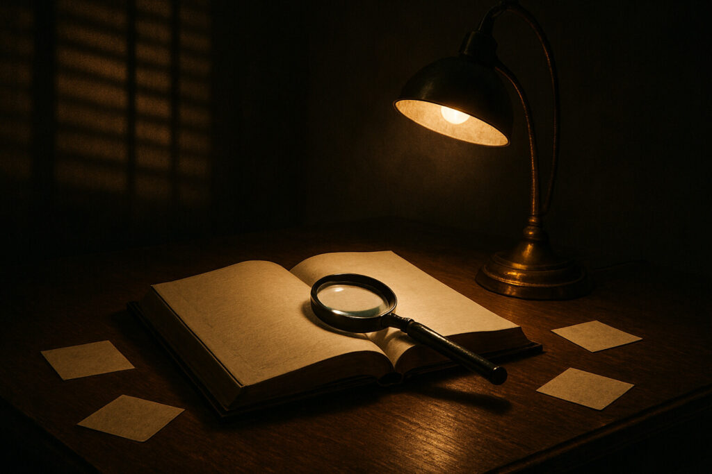 Ilustrasi meja investigasi dengan kaca pembesar dan buku terbuka, menggambarkan suasana genre misteri.