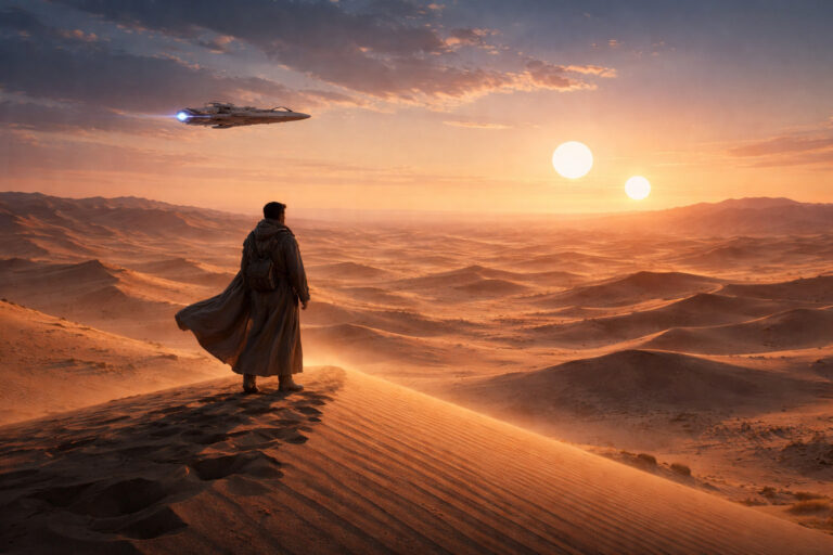 Ilustrasi planet gurun bergaya epik dengan figur berjubah, menggambarkan dunia novel Dune karya Frank Herbert.