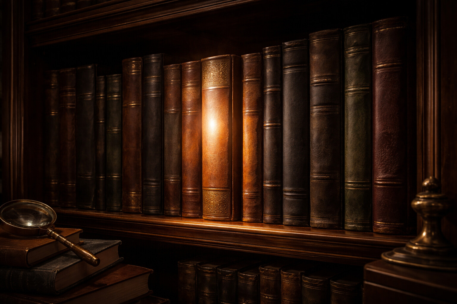 Satu buku bersinar di antara deretan buku misteri klasik