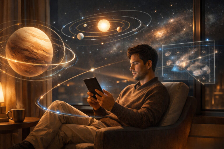 Ilustrasi pembaca sci-fi dengan hologram planet dan peta galaksi sebagai simbol fiksi ilmiah modern.