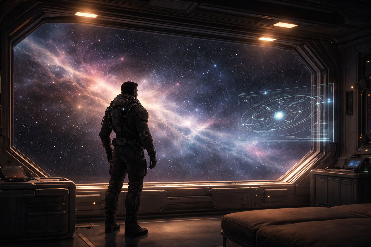 Ilustrasi figur di kapal antariksa menatap nebula dengan hologram diagram, menggambarkan petualangan yang membuat sains terasa hidup.