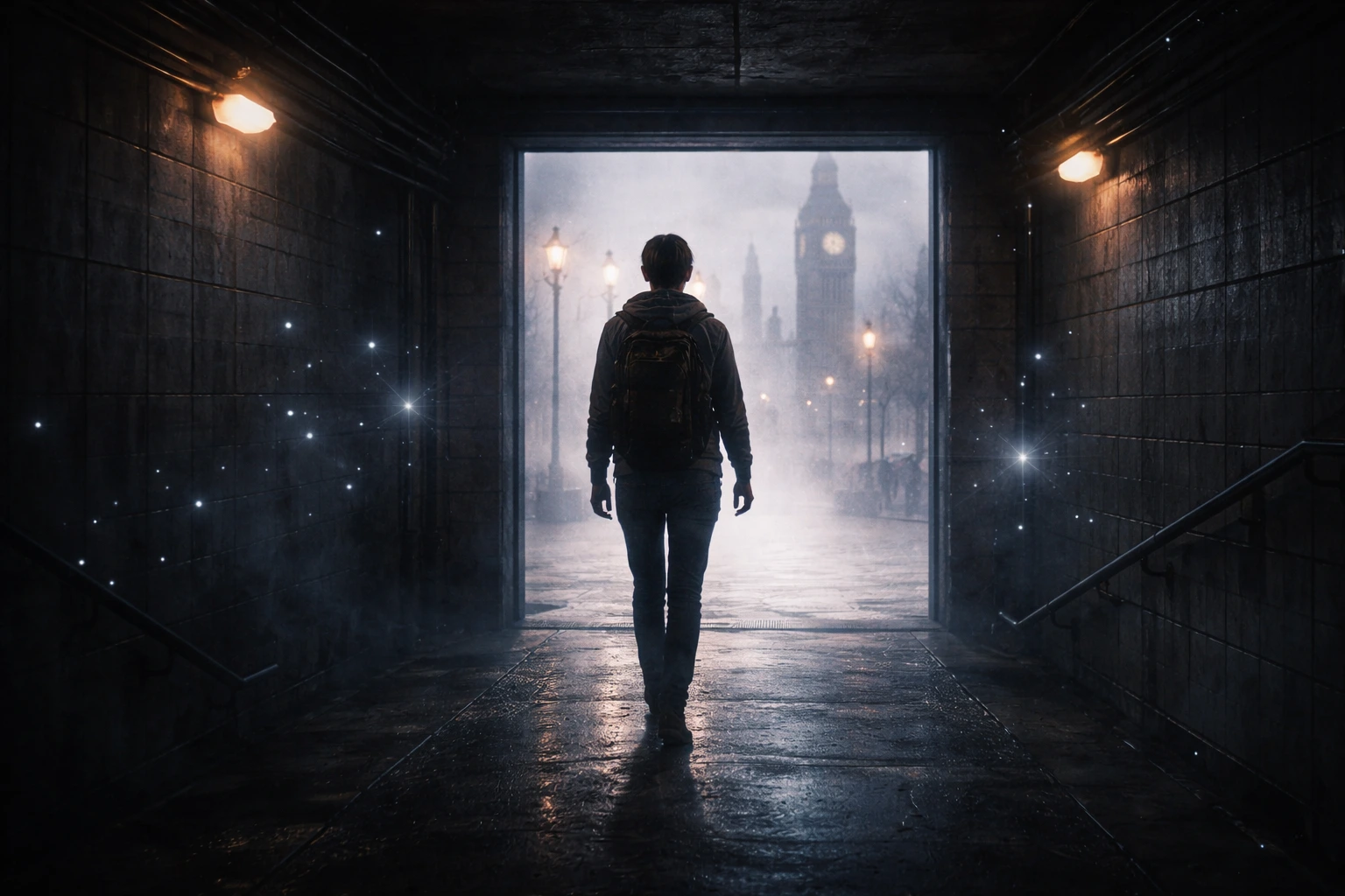 Ilustrasi lorong bawah tanah menuju London berkabut dengan partikel cahaya, melambangkan rasa ingin tahu dalam The Bone Season.