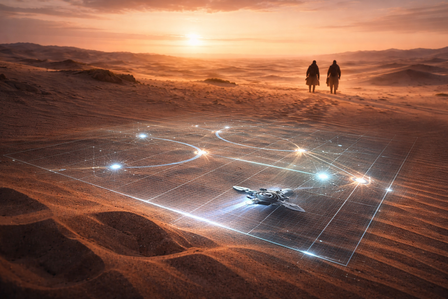 Ilustrasi peta hologram di atas gurun yang melambangkan perjalanan dan konflik dalam sinopsis Dune.