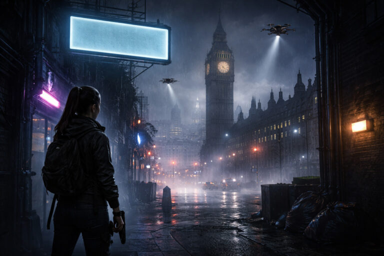 Ilustrasi London distopia dengan patroli drone dan sosok perempuan di gang, menggambarkan atmosfer The Bone Season.