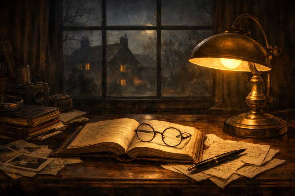 Meja kerja detektif vintage dengan buku dan catatan misteri klasik