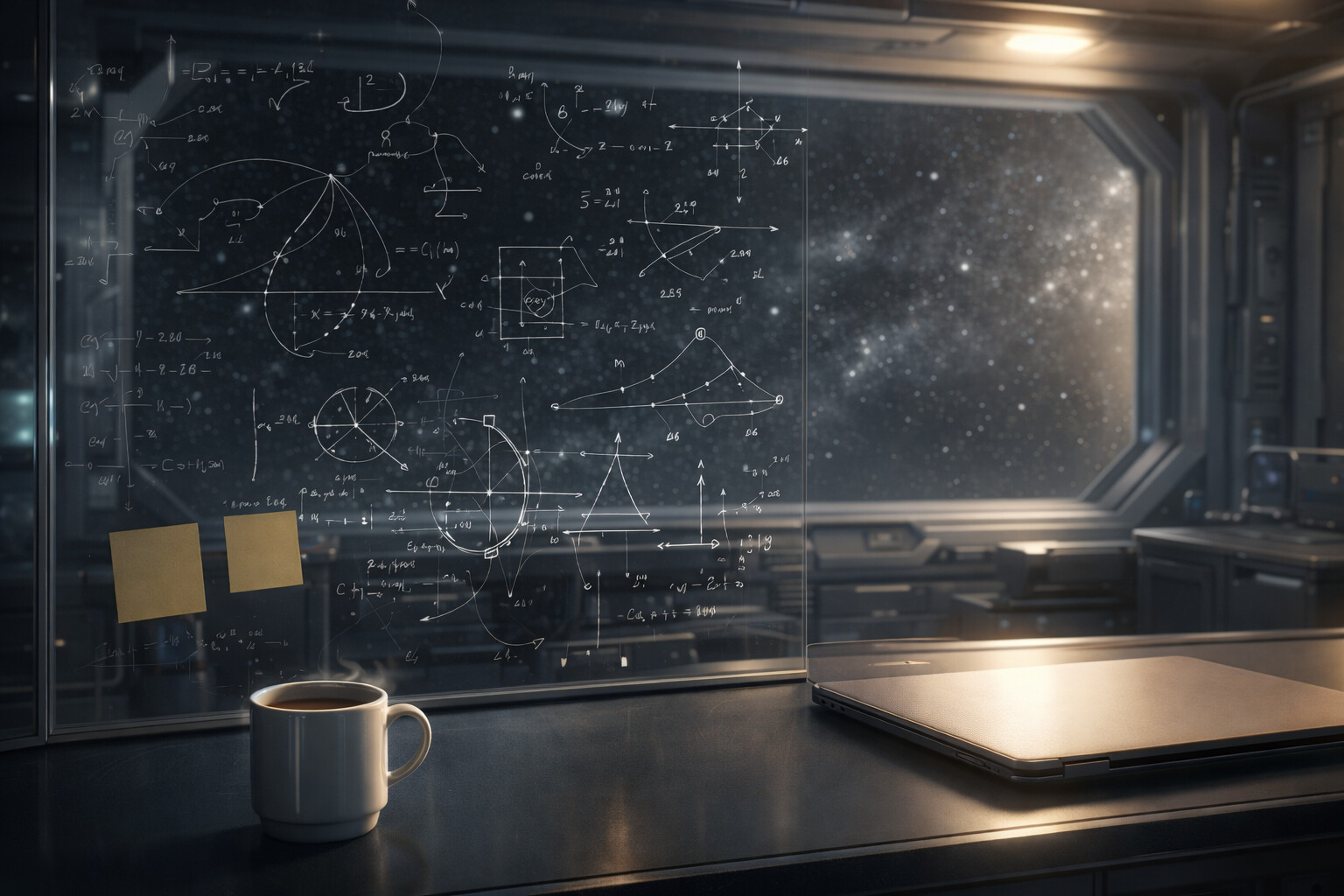 Ilustrasi ruang kerja futuristik dengan papan diagram abstrak, menggambarkan gaya problem solving dalam Project Hail Mary.