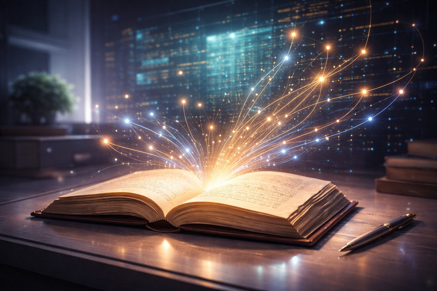 Buku terbuka dengan aliran data digital melambangkan pertemuan sastra dan AI
