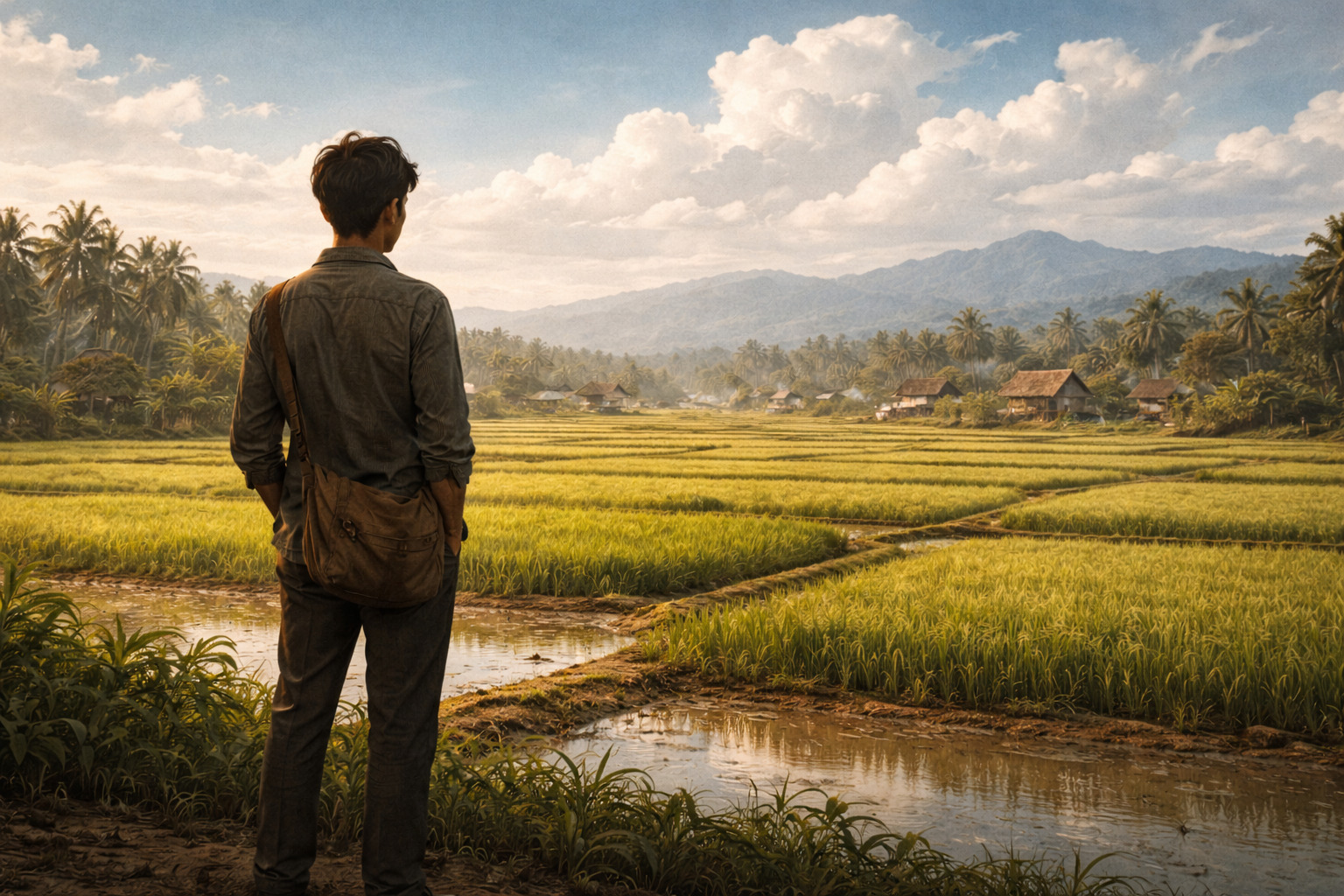 Siluet pemuda berdiri di pematang sawah memandang ke arah kampung dan ladang