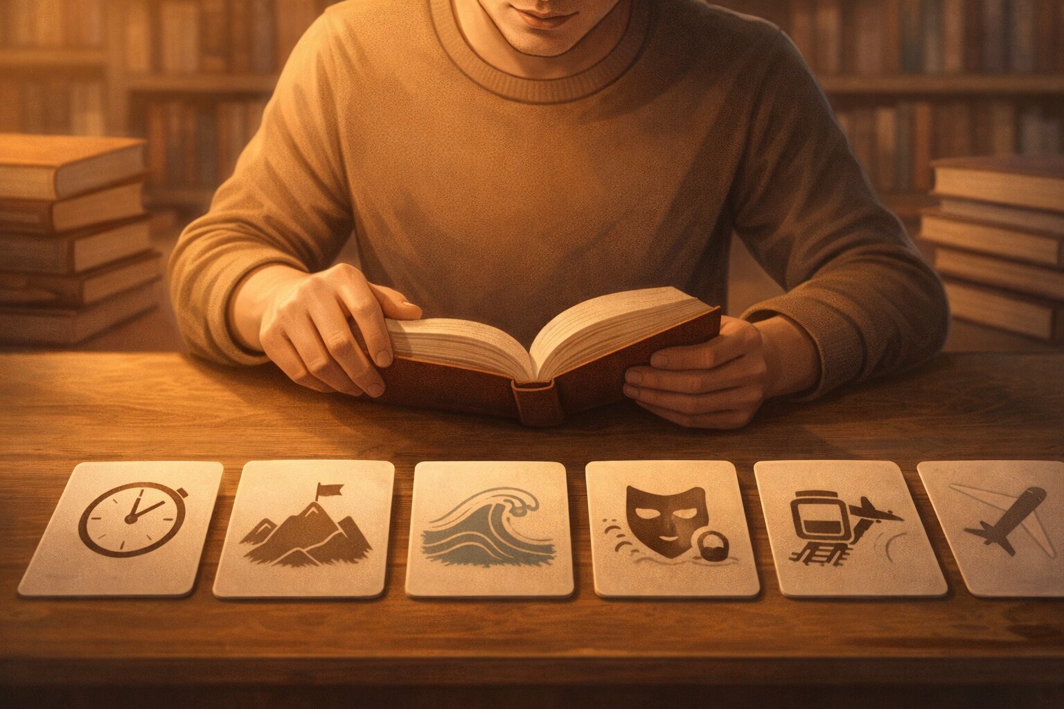 Seseorang memilih buku petualangan dengan ikon tempo, quest, survival, dan travel.