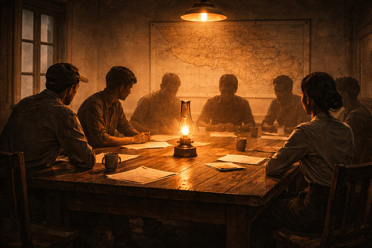 Siluet orang-orang rapat di ruangan sederhana dengan meja kayu dan lampu gantung