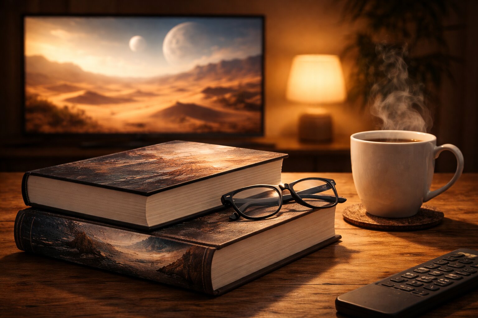 Dua buku tebal di atas meja dengan kacamata, cangkir minuman, dan layar kecil menampilkan adegan gurun