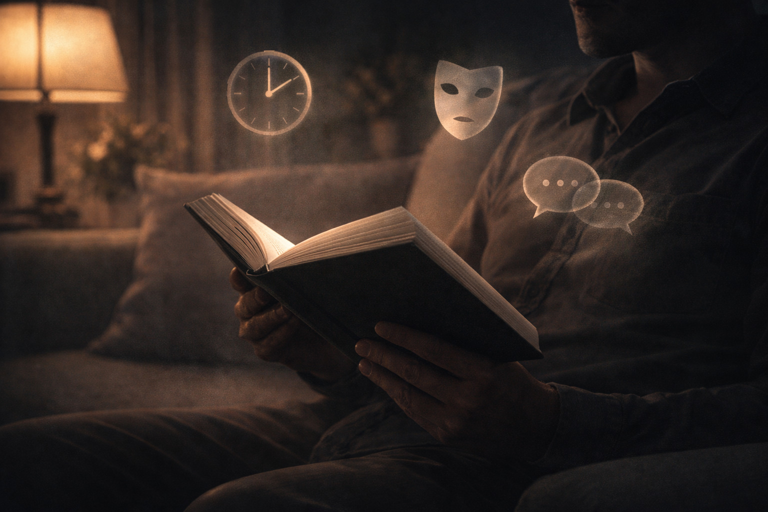Pembaca dewasa memegang buku dengan ikon motif dan misteri di sekelilingnya