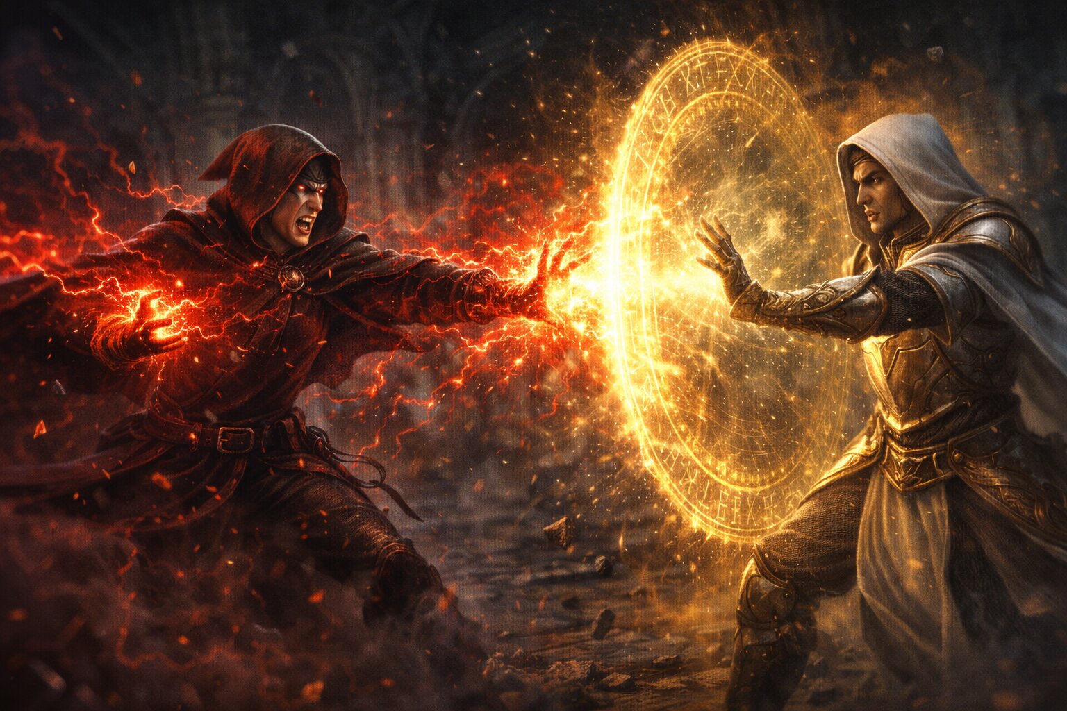 Pertarungan psikis antara seorang Fury yang menyerang dan Guardian yang bertahan menggunakan energi Aether.
