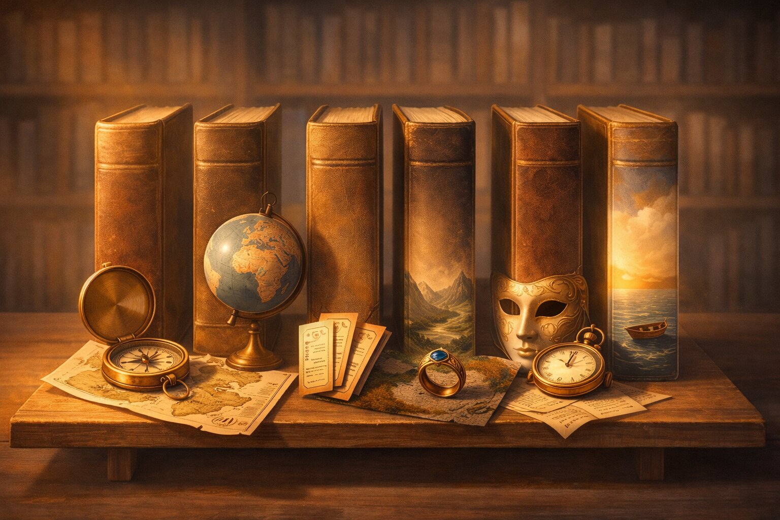 Lima buku petualangan dengan simbol kompas, globe, artefak, surat, dan sekoci.