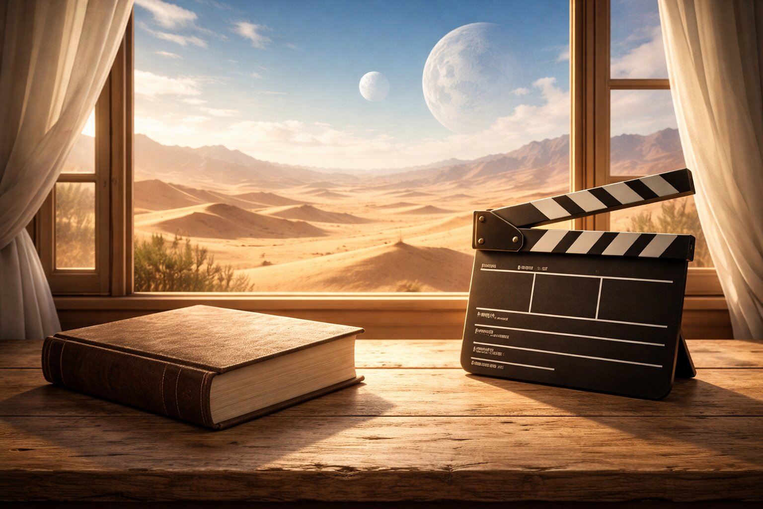 Buku tebal dan clapperboard film di atas meja dengan latar jendela menghadap gurun dua bulan