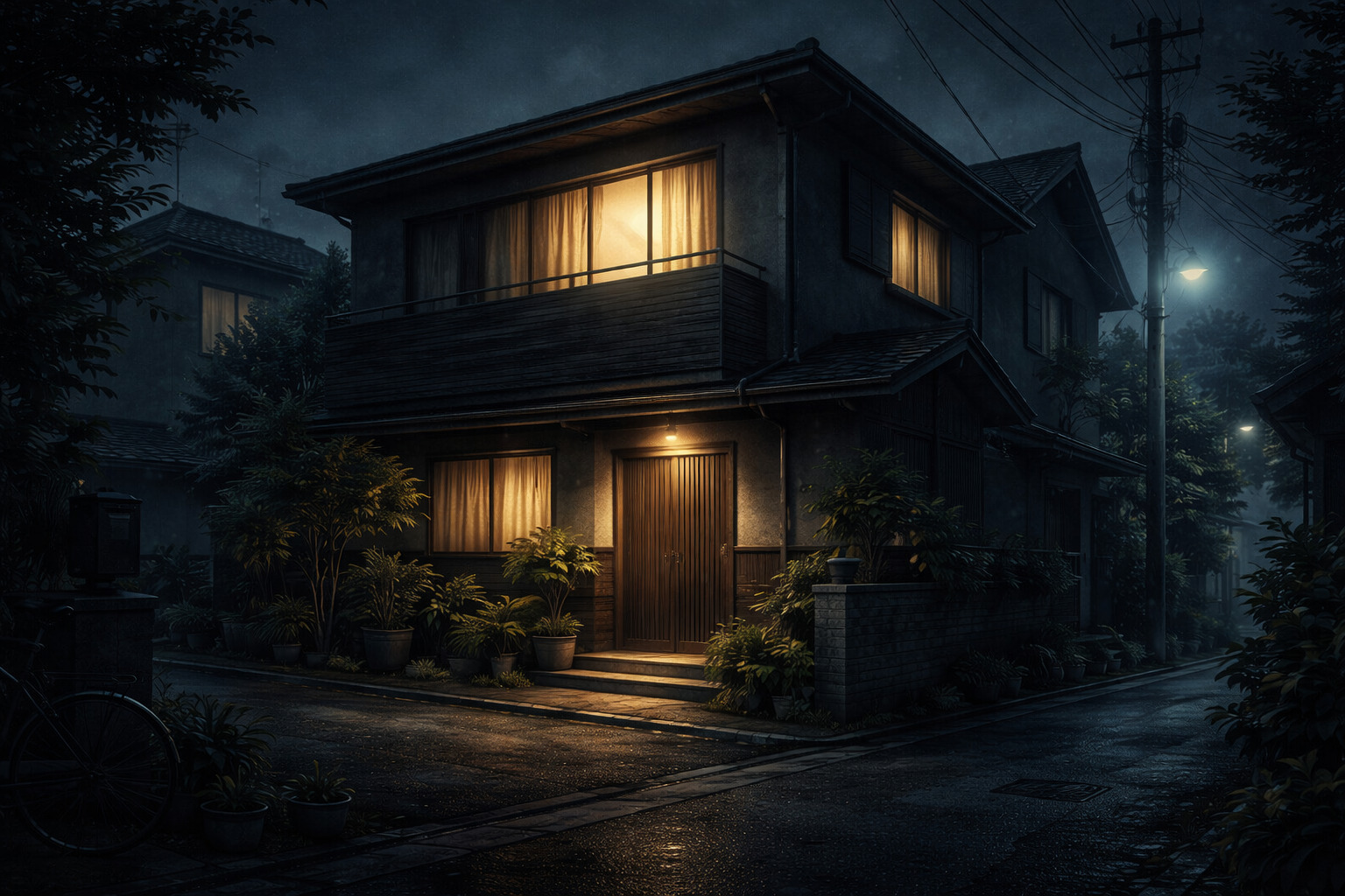 Rumah Jepang modern di malam hari dengan suasana misteri