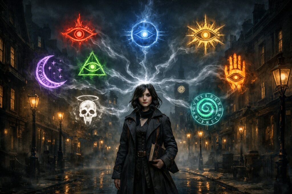 Ilustrasi 7 simbol ordo Clairvoyance dalam seri buku The Bone Season karya Samantha Shannon.