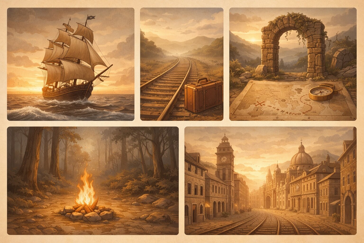 Kolase visual subgenre petualangan: travel, survival, pirate, quest, sejarah.