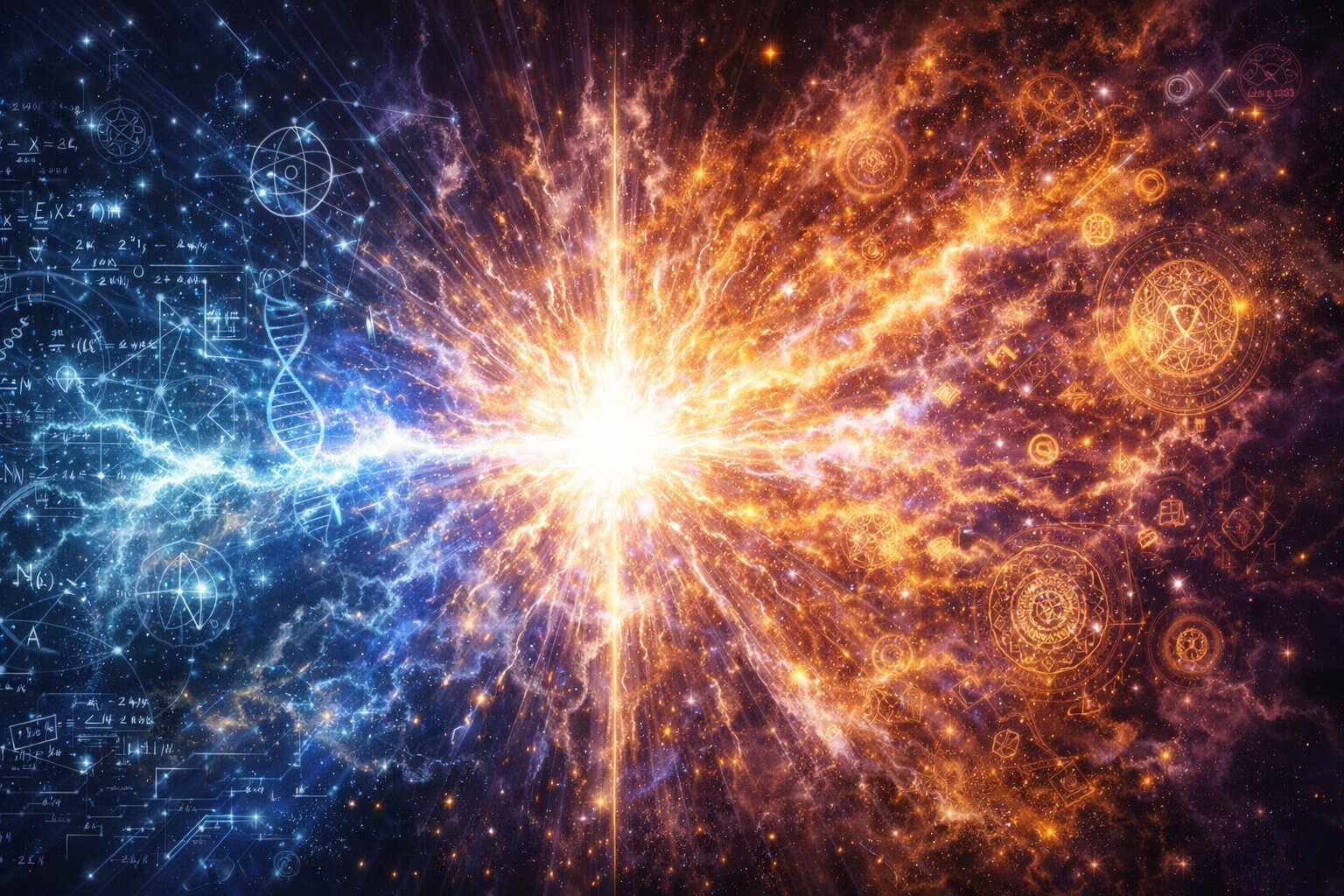 Ilustrasi abstrak pertemuan antara elemen sains (rumus, DNA) dan mistis (energi spiritual) dalam filosofi Supernova karya Dee Lestari.