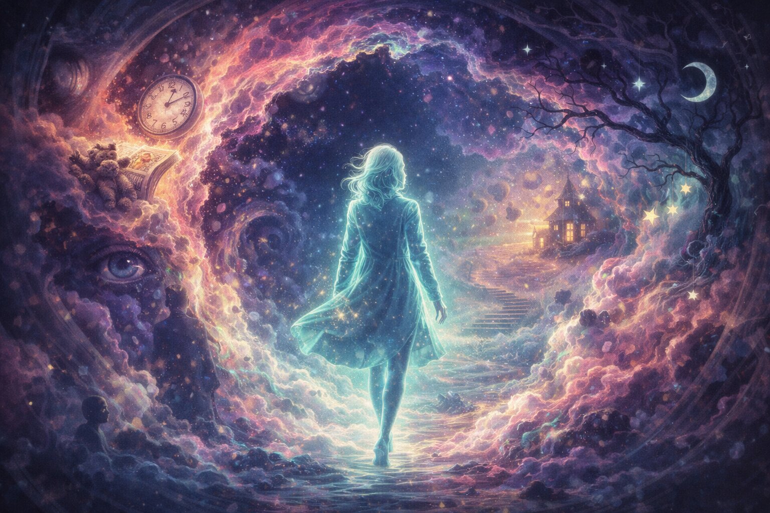 Ilustrasi surealis seorang Dreamwalker yang memasuki alam bawah sadar orang lain.