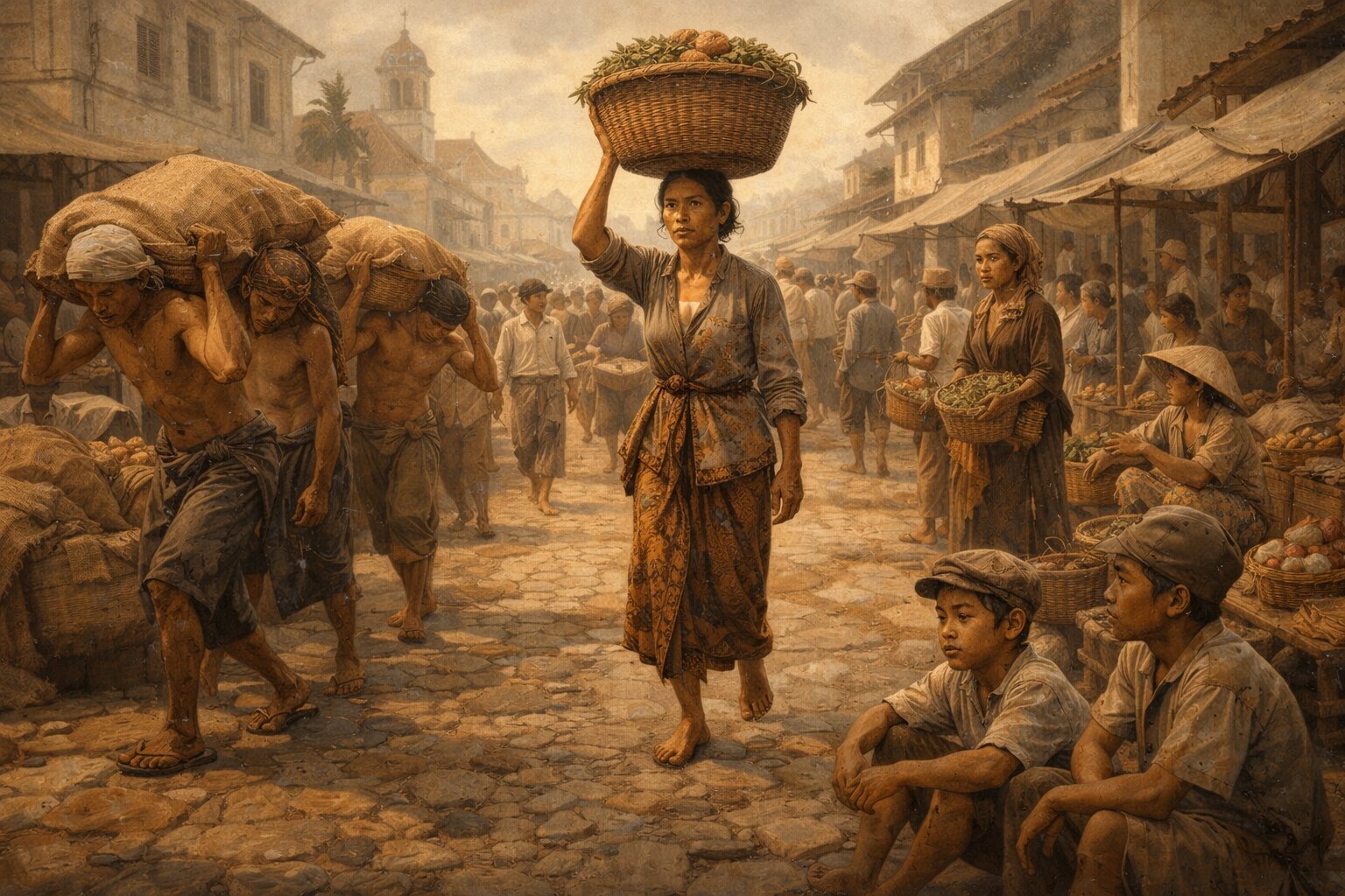 Ilustrasi rakyat kecil dalam latar kolonial yang menjadi pusat makna novel Anak Semua Bangsa.