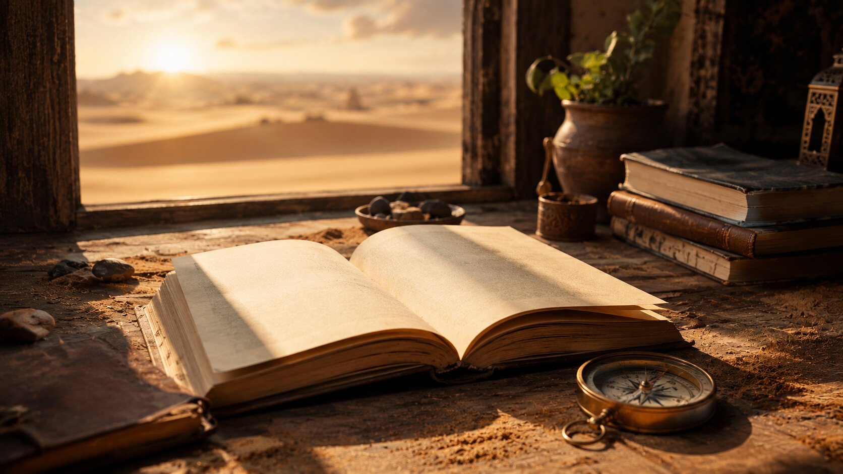 Buku The Alchemist terbuka sebagai simbol pembacaan makna hidup dan pencarian diri