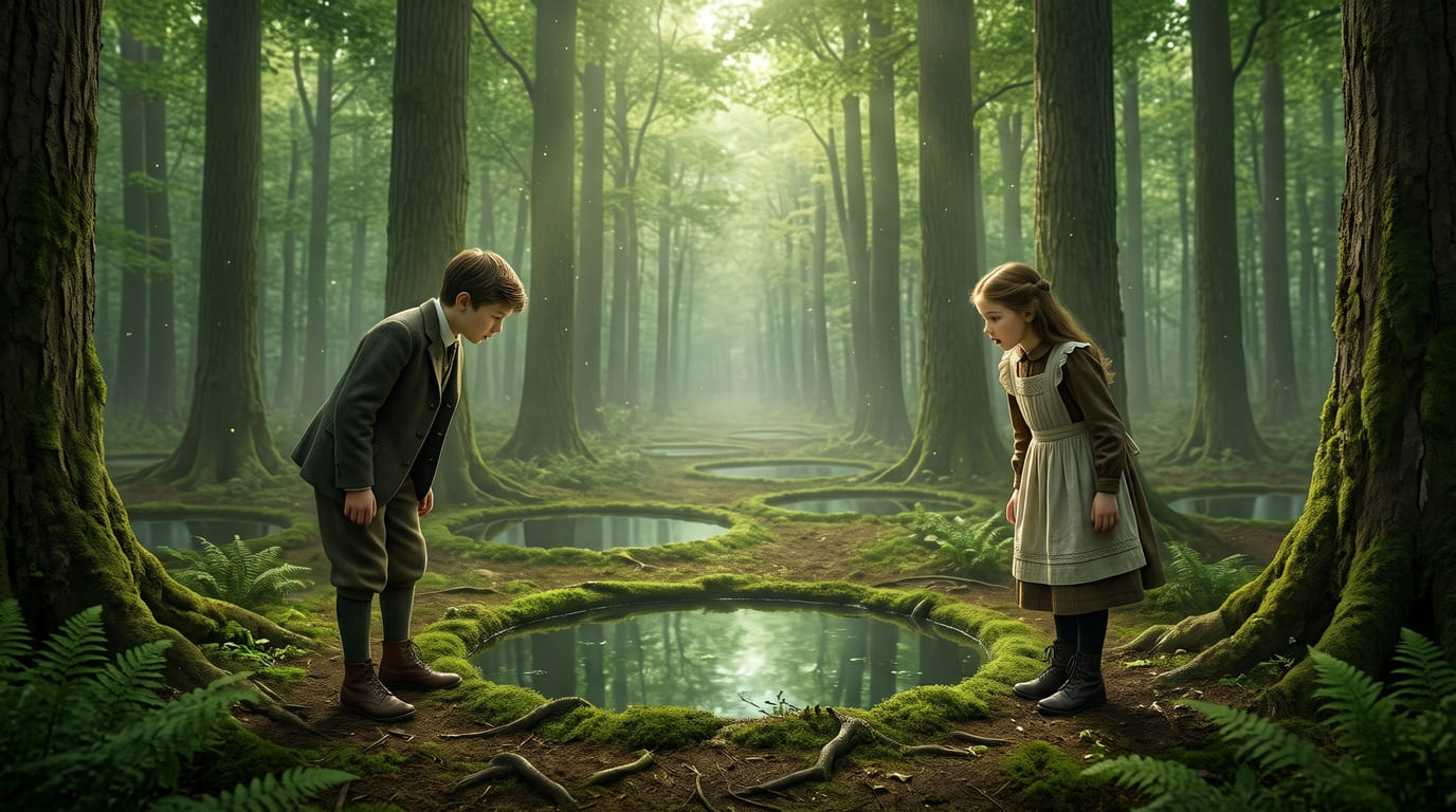 Digory dan Polly menjelajahi Wood Between the Worlds dalam Keponakan Penyihir