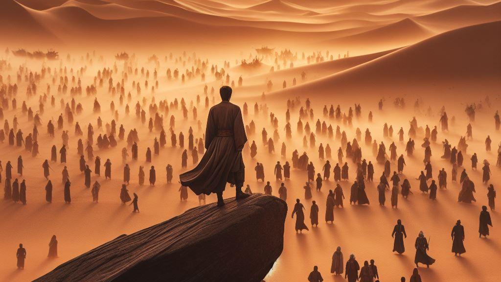 Ilustrasi seorang penguasa di hadapan pengikutnya yang menggambarkan tema kekuasaan dalam Dune Messiah