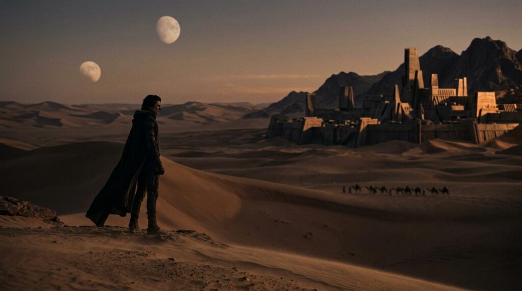 Ilustrasi Paul Atreides sebagai Kaisar di planet gurun Arrakis dalam novel Dune Messiah karya Frank Herbert