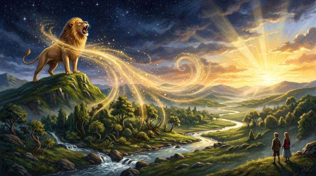 Ilustrasi Aslan menciptakan dunia Narnia dalam The Magician’s Nephew karya C.S. Lewis